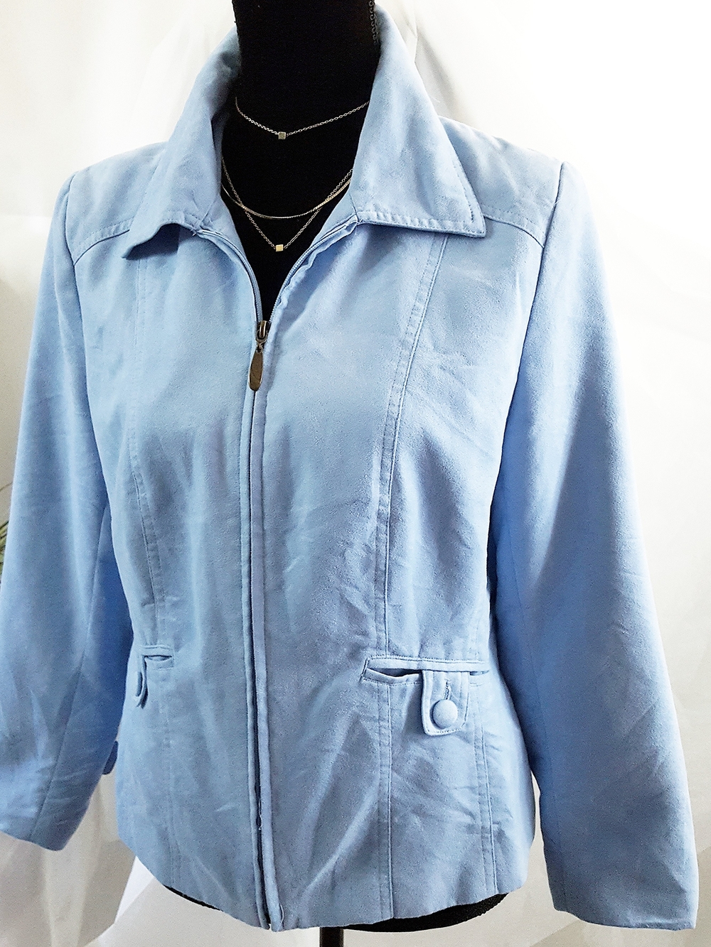 TanJay Vintage Light Blue Faux Suede Zip-Front Blazer Jacket - Picture 6 of 13